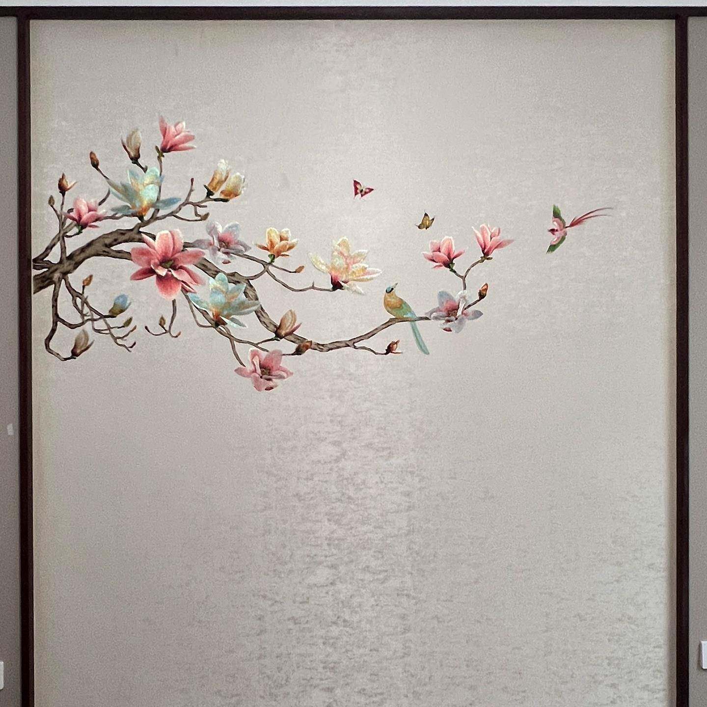独绣刺绣无缝墙布客厅卧室床头电视背景墙彩金线玉兰花卉独秀壁布