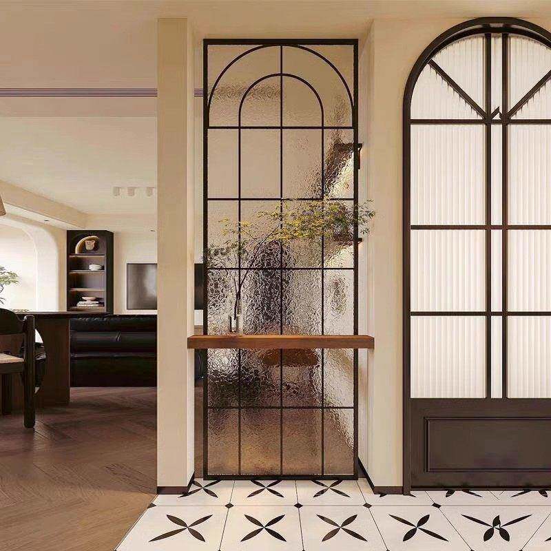 法式奶油风水波纹长虹钢化艺术玻璃隔断入户铁艺覆古拱形装饰客厅