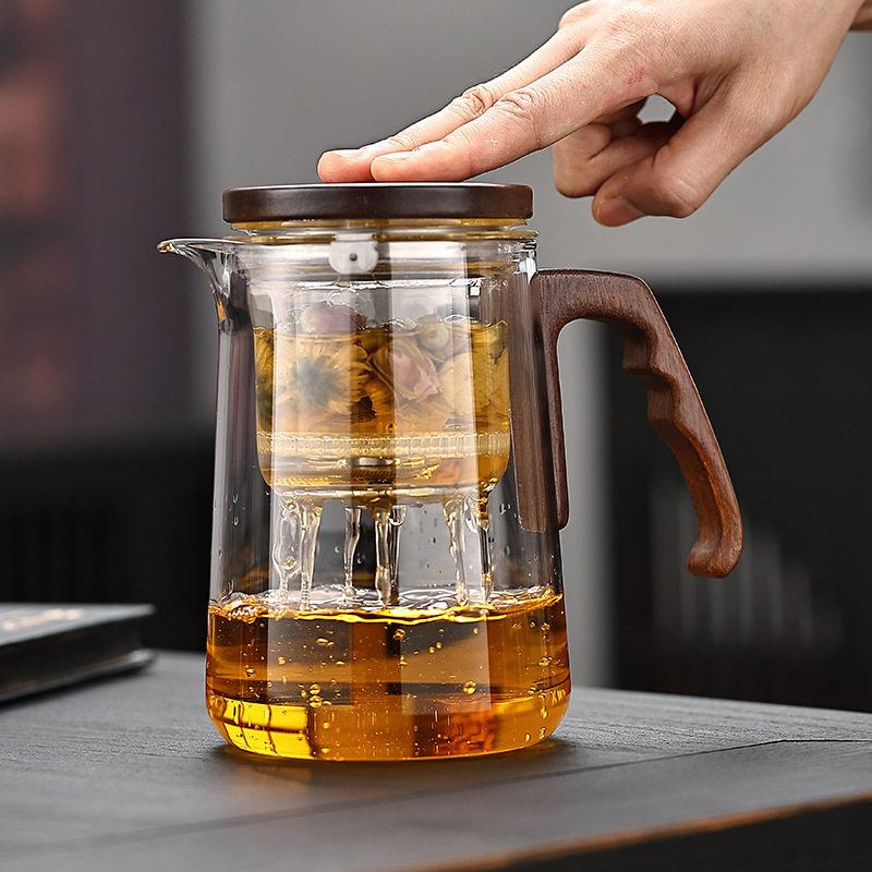 按压玻璃飘逸杯泡茶壶耐热磁吸按压一键过滤茶水分离杯简易飘逸杯