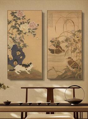 戏猫图茶室挂画禅意新中式入户玄关装饰画花鸟书房壁画茶台茶文化