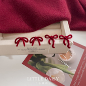 「小黛西」复古红丝绒蝴蝶结耳钉甜美可爱安哥拉酒红色植绒耳环饰