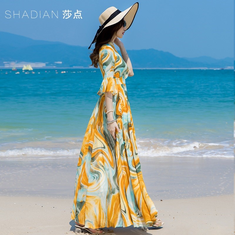 雪纺连衣裙女夏季2025新款长款短袖裙子海边度假沙滩裙脚踝长裙