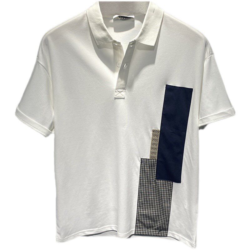 印西诺个性织布拼接宽松polo衫男工装美式简约撞色休闲短袖T恤衫