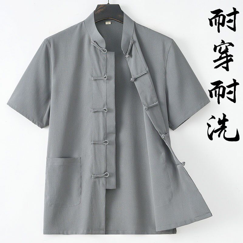 唐装男款夏季短袖上衣中国风新中式免烫盘扣工作服男薄款抗皱衬衫