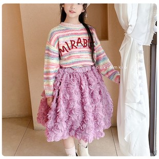 女童网纱玫瑰半身裙百褶儿童蛋糕裙中长款宝宝蓬蓬裙子公主秋冬季