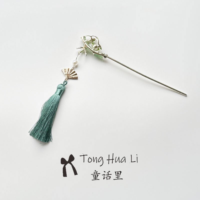 儿童汉服古风唯美盘发发簪高风亮节君子扇弯竹节红水仙竹叶窗花簪