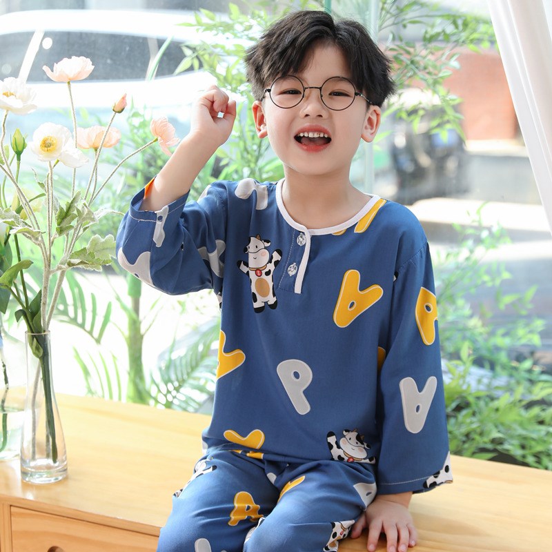 夏季薄款儿童睡衣宝宝小孩棉绸长袖男童空调服绵绸女童卡通家居服