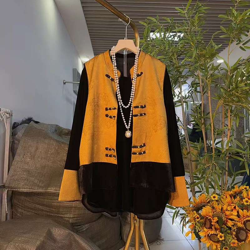 大码女装立领暗花盘扣国风马甲圆领打底衫胖妹妹秋冬款百搭两件套