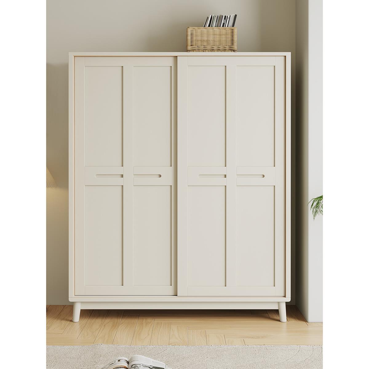 奶油风白色推拉门实木衣柜两门现代简约家用卧室收纳大衣橱橡胶木