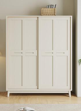 奶油风白色推拉门实木衣柜两门现代简约家用卧室收纳大衣橱橡胶木