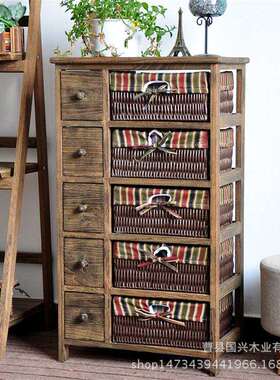 韩式擦白色碳烤复古实木质多层藤编抽屉式床头收纳储物置物柜