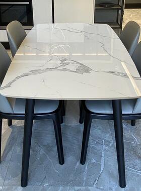 意大利进口亮面白色岩板餐桌北欧实木长方形轻奢大理石餐桌椅组合