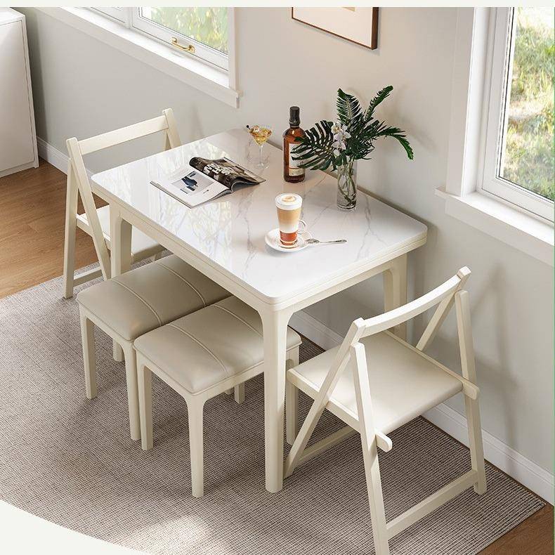 全实木折叠餐桌奶油风长方形白色靠墙可伸缩岩板饭桌子家用小户型