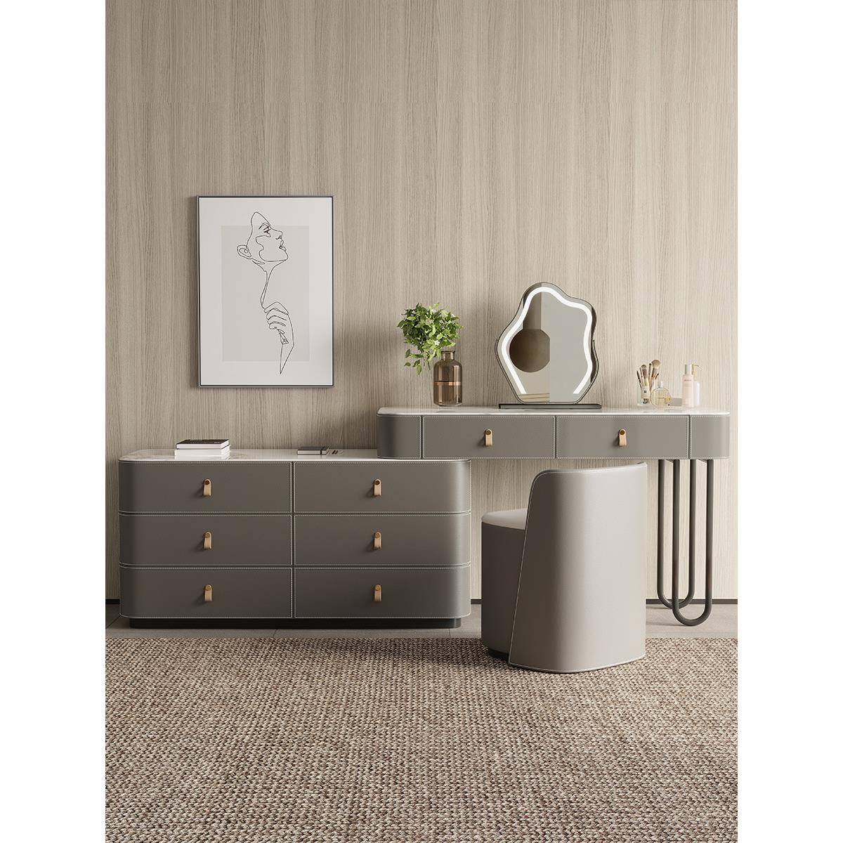 化妆台高级感收纳柜轻奢高级床尾柜斗柜一体实木岩板梳妆台主卧