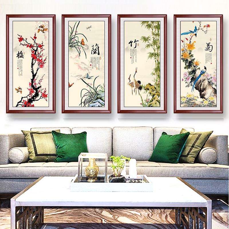 新中式梅兰竹菊国画壁画客厅沙发背景装饰画书房茶室挂画墙画