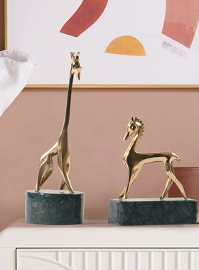 纯铜鹿样板房摆件北欧创意新房绿色大理石美式客厅桌子酒柜电视柜