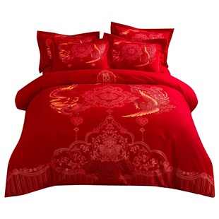 3D全棉磨毛婚庆四件套1.8m双人床上用品结婚被套大红色床单纯棉