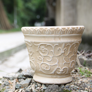 孚中陶瓷欧式浮雕红陶大花盆仙客来藤条陶土圆形多肉家居绿植花卉
