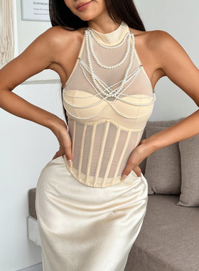 INS风纯色气质名媛款夏季优雅半透鱼骨性感珍珠吊坠挂脖上衣71128