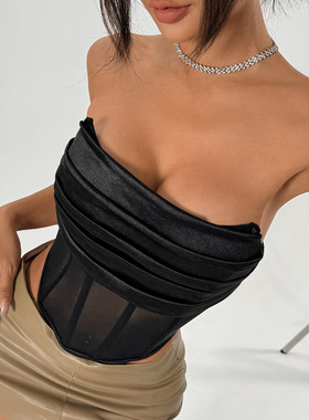 欧美甜辣风女装小众设计感拼接款露背鱼骨网纱抹胸夜店上衣60905