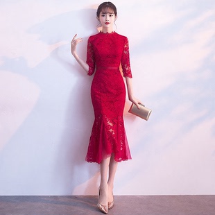 新娘敬酒服旗袍新款春季红色回门宴会晚礼服鱼尾现代结婚礼服