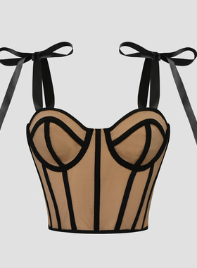 欧美辣妹性感撞色绑带修身百搭短款露脐钢圈鱼骨吊带背心60712