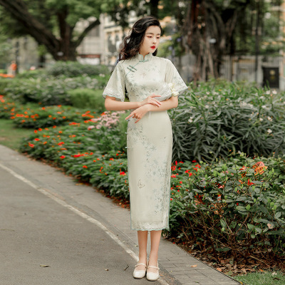 8946旗袍改良式气质少女长款绿色