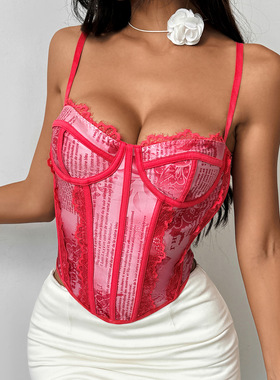 外贸欧美女装夏季性感辣妹街头风蕾丝鱼骨修身小背心70141