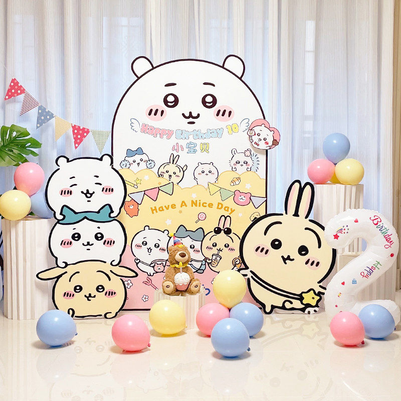 吉伊卡哇宝宝百天1周岁乌萨奇儿童生日背景KT板布置场景气球装饰