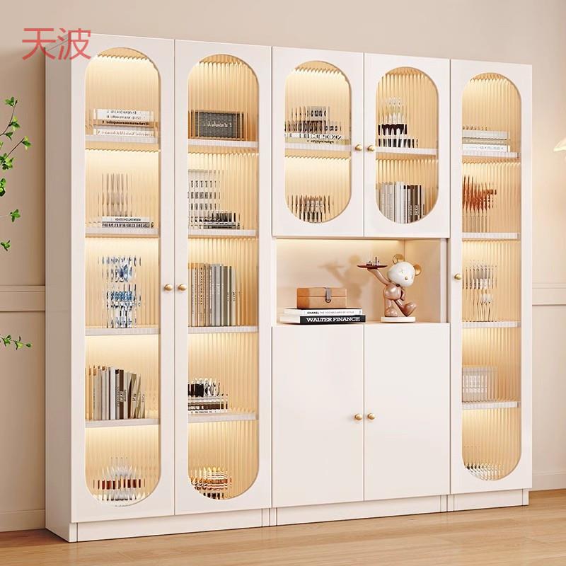 yhu奶油风书柜一体整墙现做家用客厅轻奢实木书架落地带玻璃门展