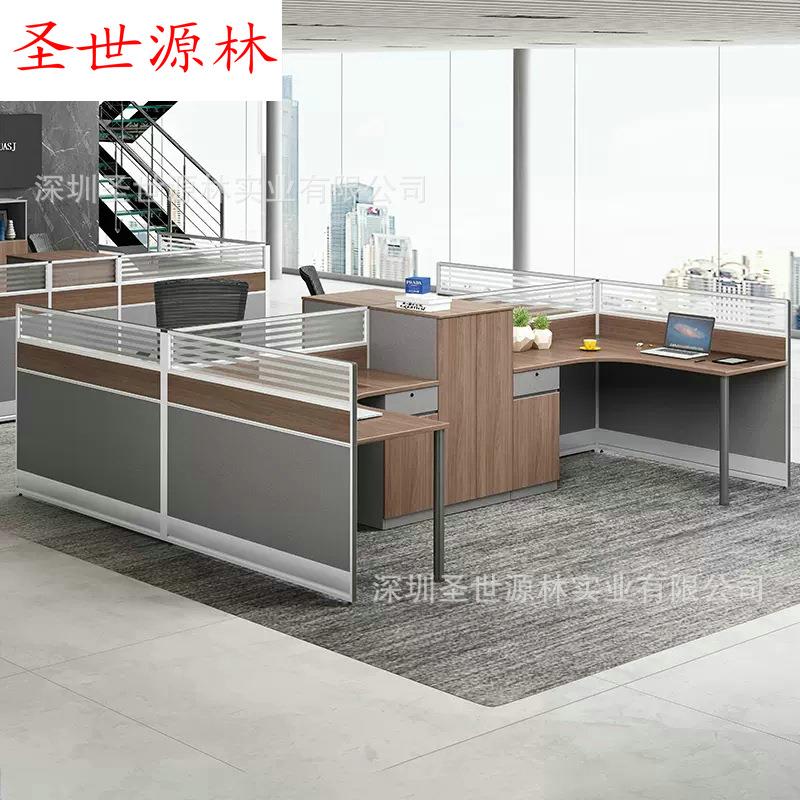 直销胡桃木色屏风卡位L型带柜办公桌拼色带柜现代多人电脑桌