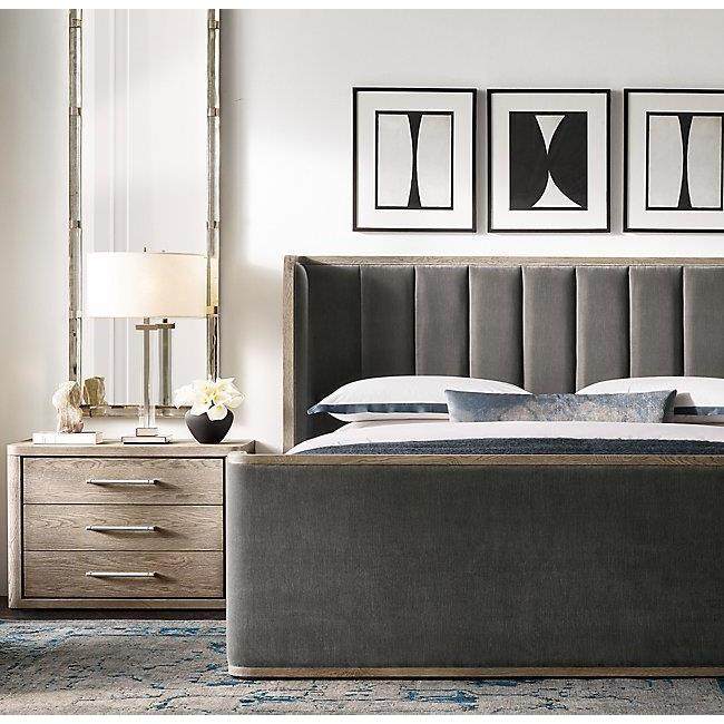 RH现代美式实木床双人床主卧复古绒布艺软包床法式轻奢别墅实木