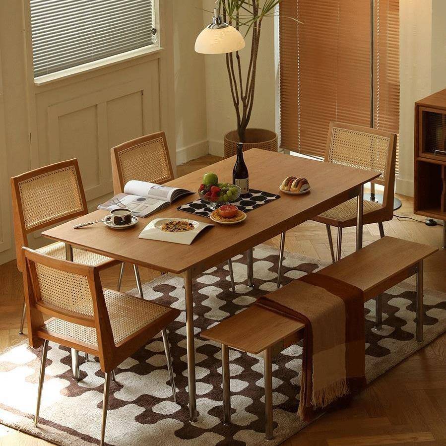 北欧日式实木餐桌小户型樱桃木家用长方桌不锈钢简约现代中古书桌