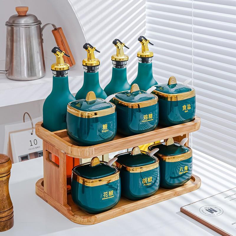轻奢家用高颜值调料盒陶瓷调味罐小户型调料罐玻璃油瓶置物架套装