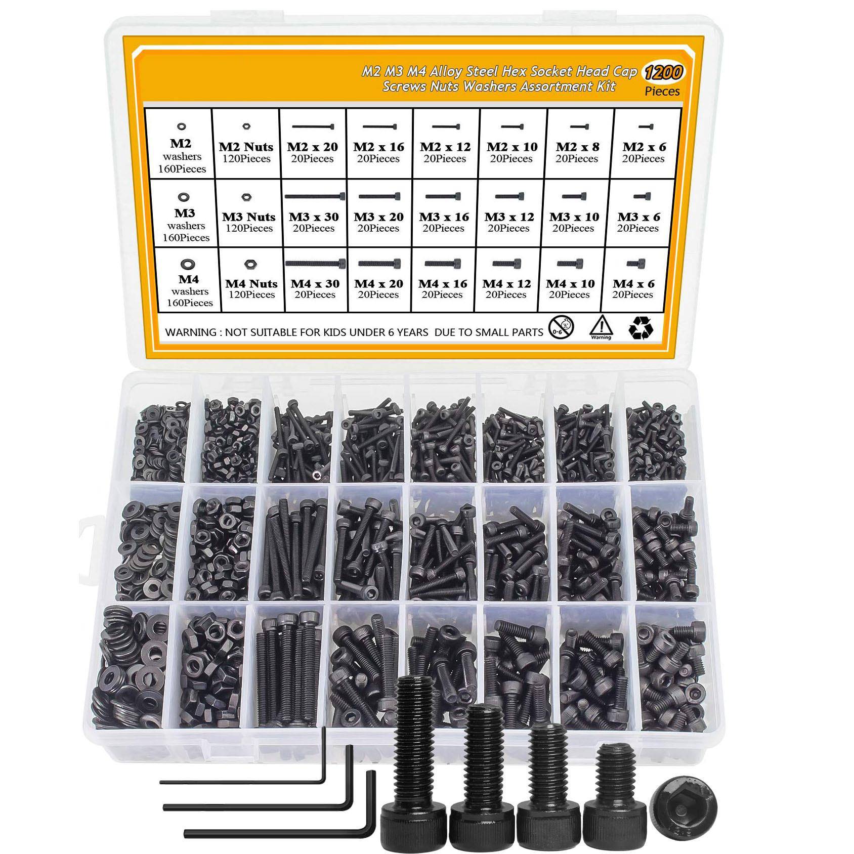1200pcs黑色圆柱头内六角螺丝套装杯头螺钉螺母平垫螺丝盒装