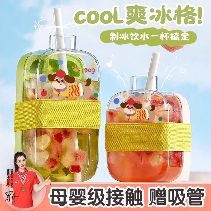 冰格水杯冰块模具按压式二合一便携式水壶夏季外出可携式随行吸管