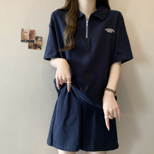 两件套 夏季 搭配一e整套休闲运动套装 女韩版 宽松半拉链翻领T恤短裤
