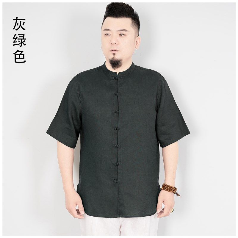 夏季男装衬衫纯亚麻短袖衬衣中式立领宽松大码薄款休闲上衣