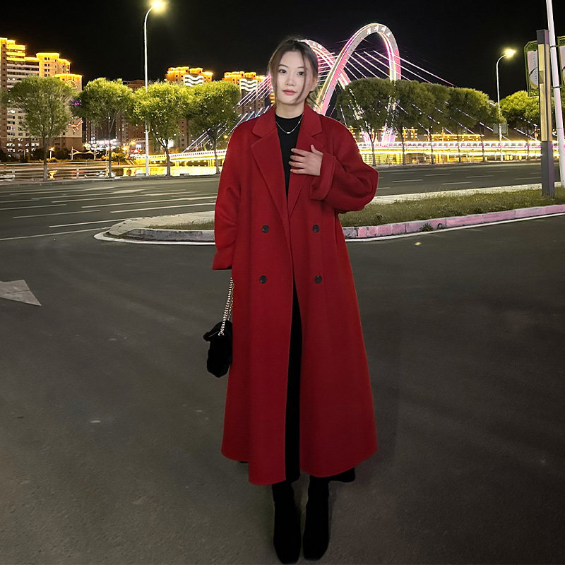 酒红色双面羊绒大衣女2024新款本命年冬季呢子长款毛呢外套高级感