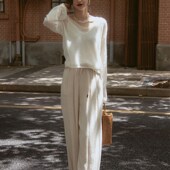 法式 简约附腰带 长西裤 慵懒轻薄棉麻阔腿裤 宽松高腰透气显瘦直筒裤