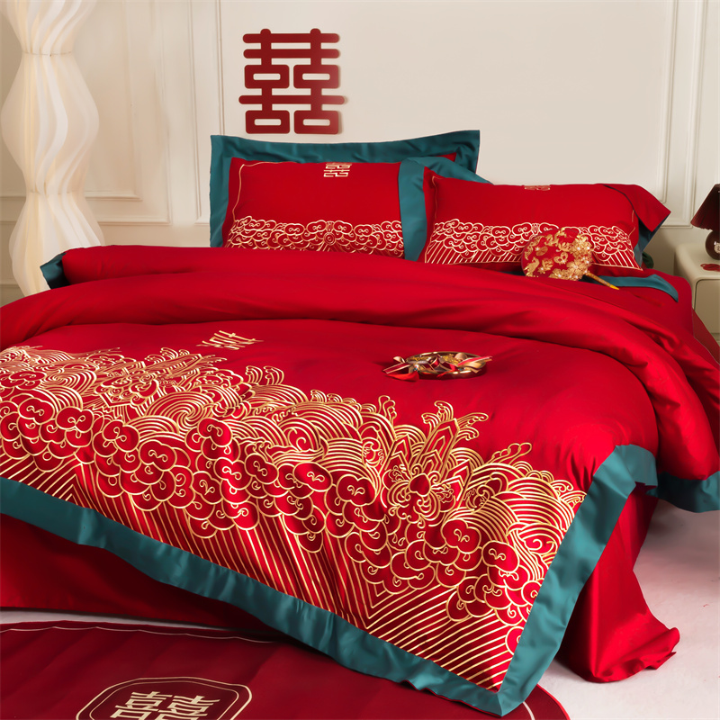 100支长绒棉婚庆四件套全棉纯棉绿色床单红色N刺绣结婚房床上用品