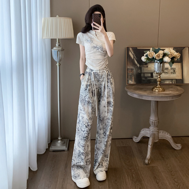 清新淡雅淑女气场精美绣花刺绣旗袍T恤高腰阔腿长裤两件时尚套装