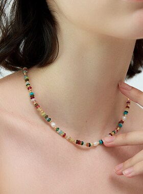 多巴胺少女夏日沙滩锁骨链女彩色串珠天然石珍珠项链小众甜酷颈链