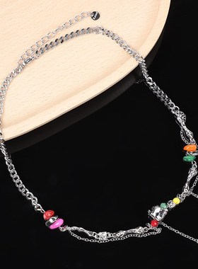冷淡风彩色碎石拼接项链女轻奢小众设计高级感不规则方块锁骨链潮