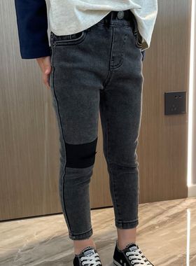 女童小脚修身牛仔裤子黑灰破洞瘦版铅笔裤紧身2023春季女孩长裤潮