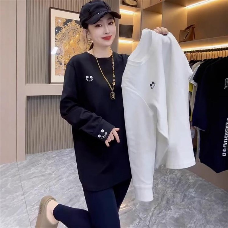 欧货2025春装新款袖子纽扣笑脸刺绣纯棉长袖T恤女宽松中长款上衣