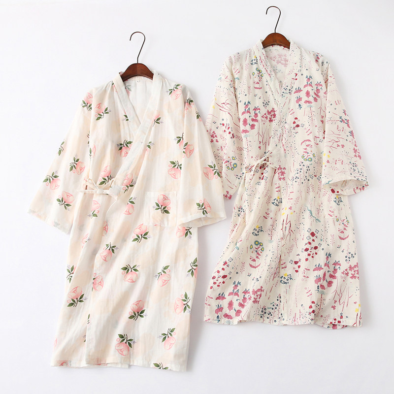 日系全棉双层纱布和服睡袍纯棉睡裙D女夏日式碎花和风浴袍浴衣家