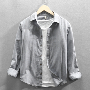 亚麻男士 简约长袖 款 夏季 休闲纯色衬衣棉麻青年薄外套潮上衣 衬衫