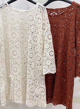 18666纯棉线水溶蕾丝连衣裙侧开衩盘扣中长款钩花刺绣外搭罩衫女