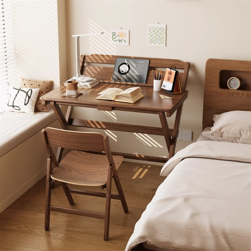 三梦实木可折叠书桌学生家用电脑桌卧室小户型床边学习简易办公桌